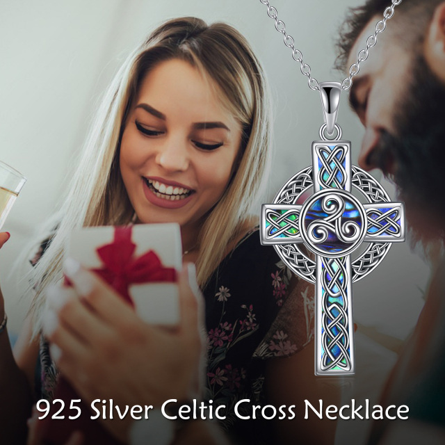 Collana con ciondolo a spirale e croce in argento sterling con crostacei Abalone Celtic-6