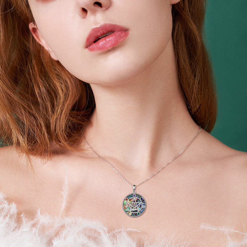 Sterling Silver Abalone Shellfish Chakras & Triple Moon Goddess Pendant Necklace-2