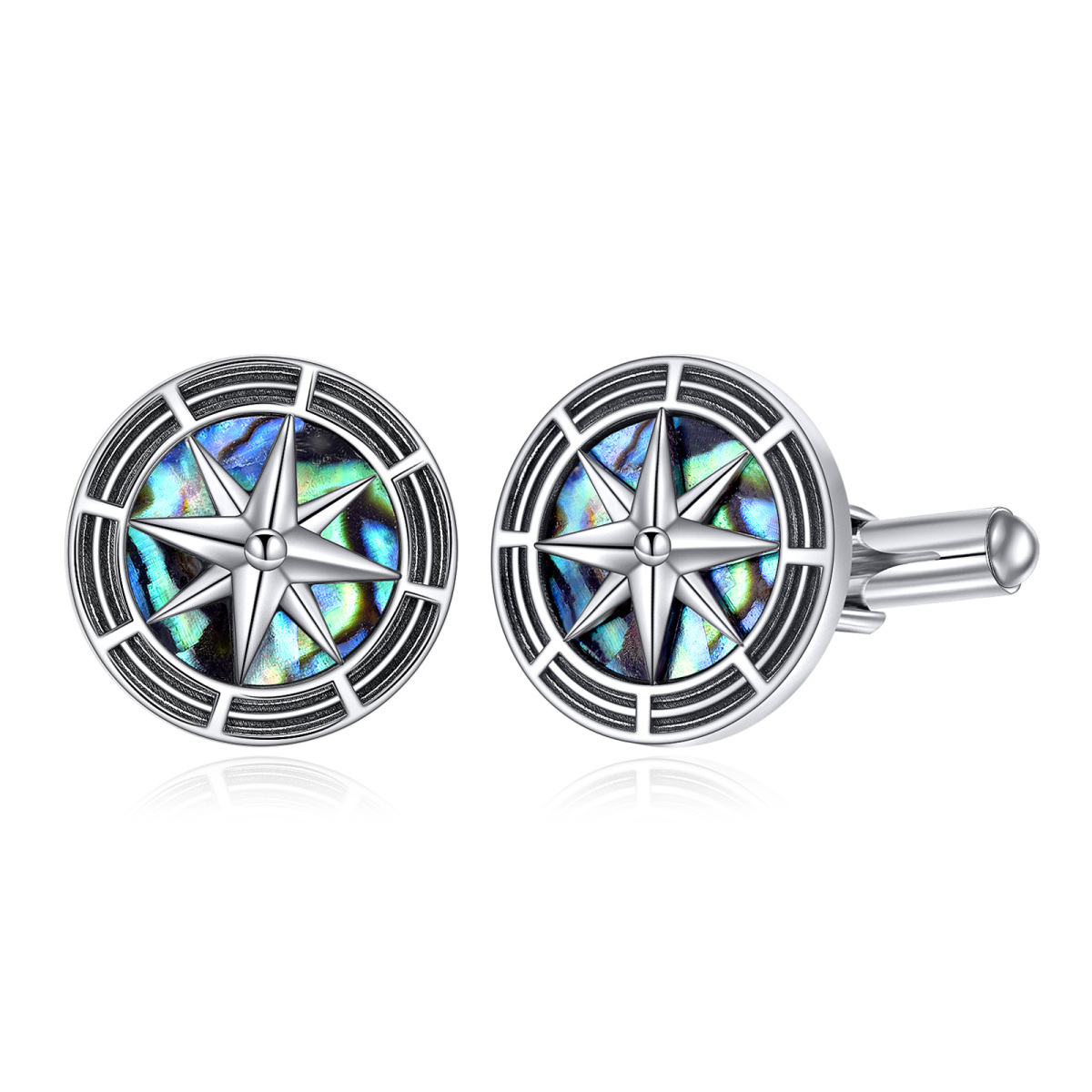 Gemelli con bussola in argento sterling con crostacei e abalone-1