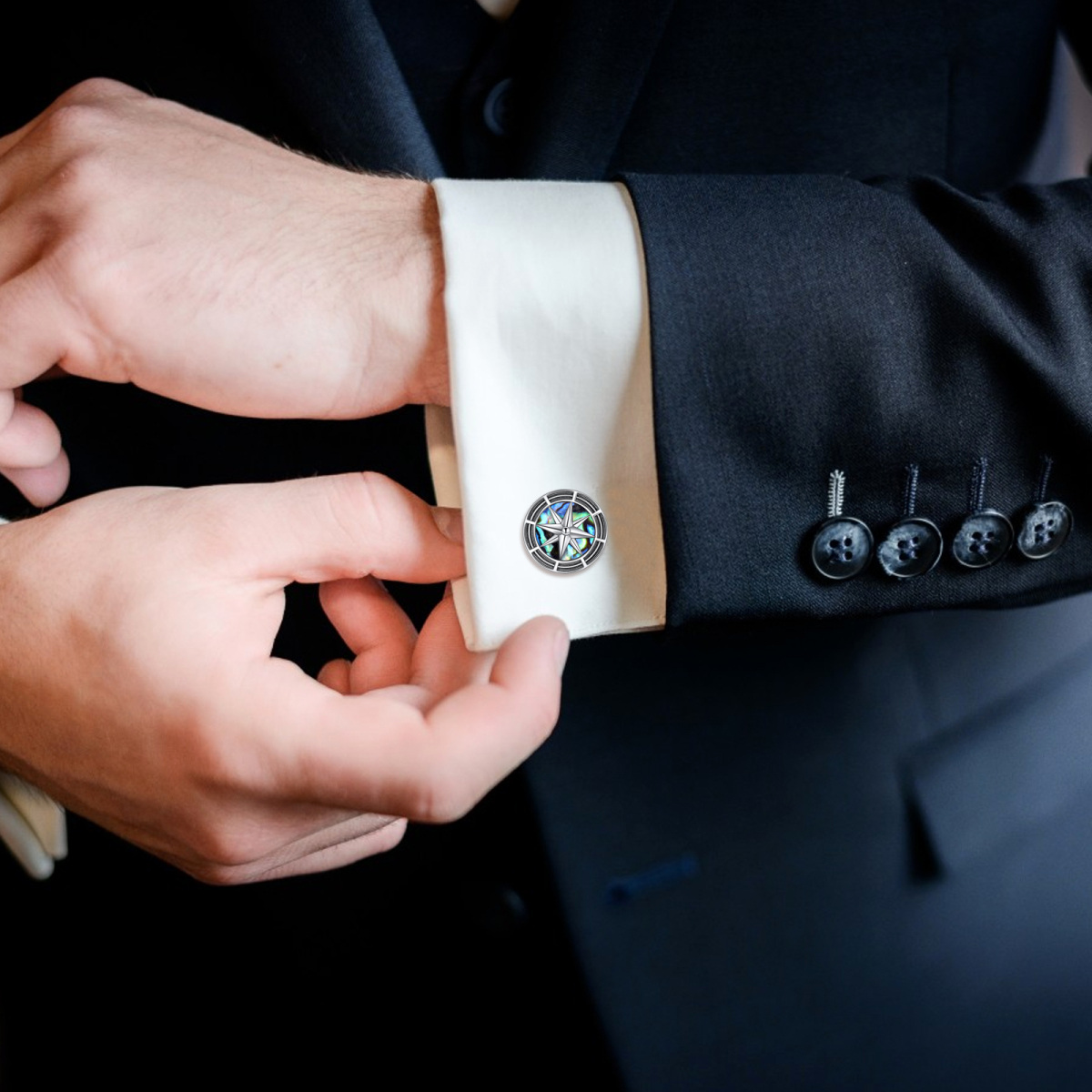 Sterling Silver Abalone Shellfish Compass Cufflinks-2