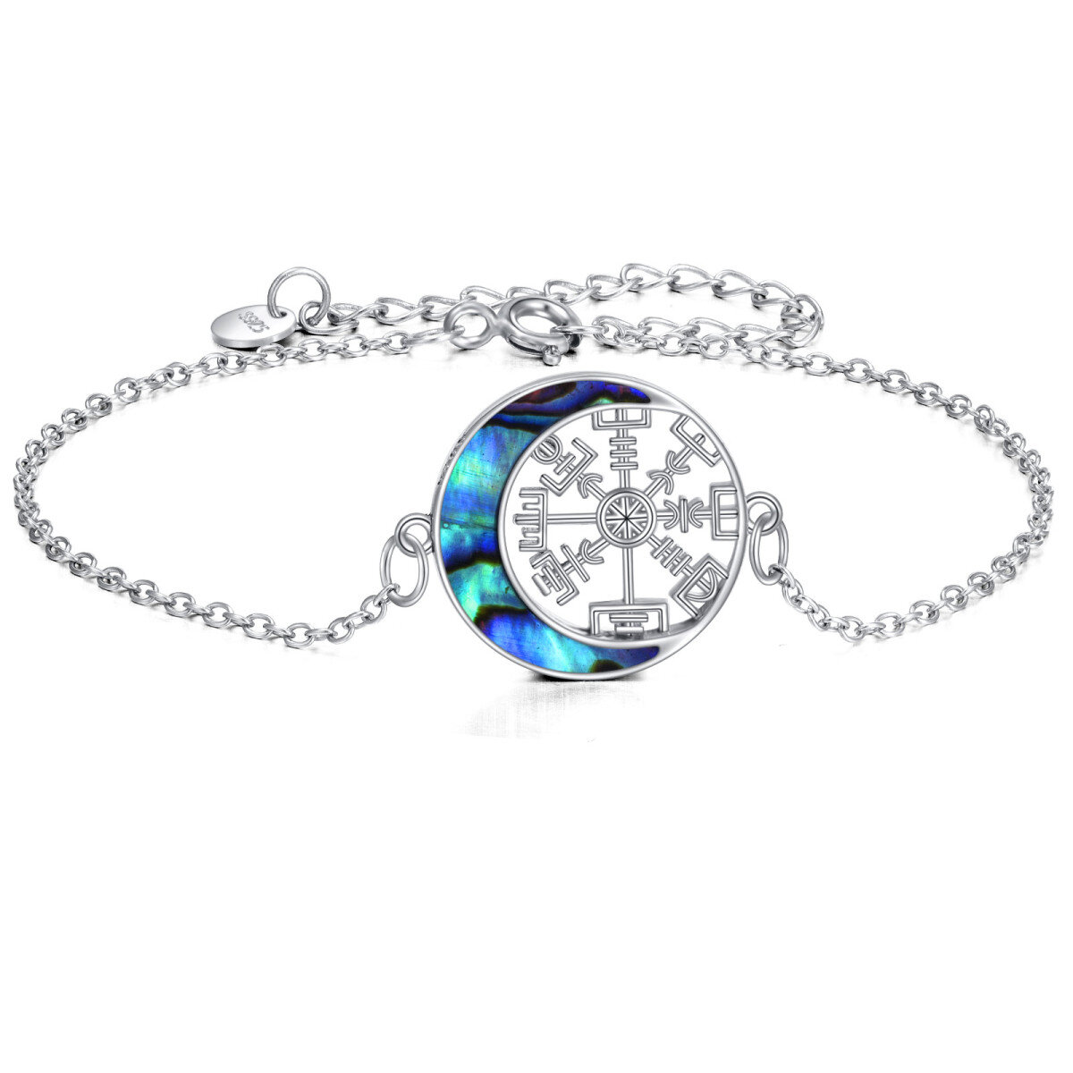 Pulsera de plata de ley con brújula de abalón y colgante de luna-1