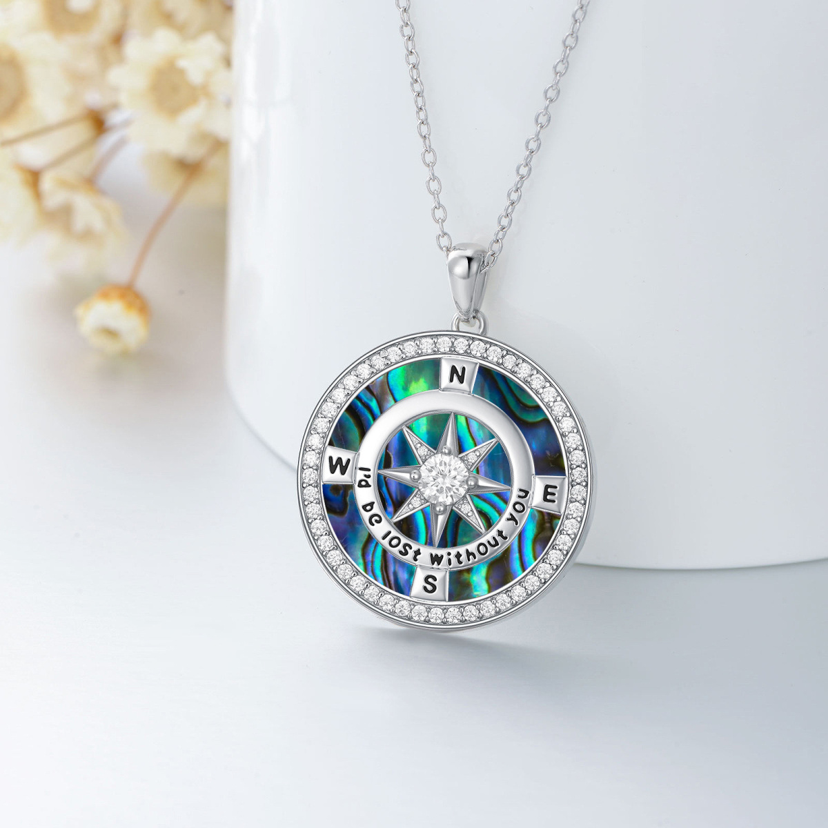 Sterling Silver Abalone Shellfish Compass Pendant Necklace-3