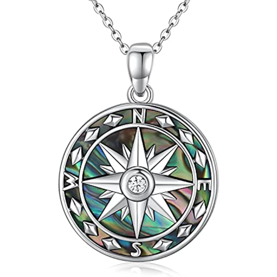 Collana con ciondolo a forma di bussola con crostacei abalone in argento sterling