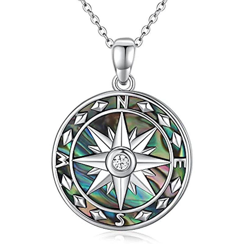 Sterling Silver Abalone Shellfish Compass Pendant Necklace-7
