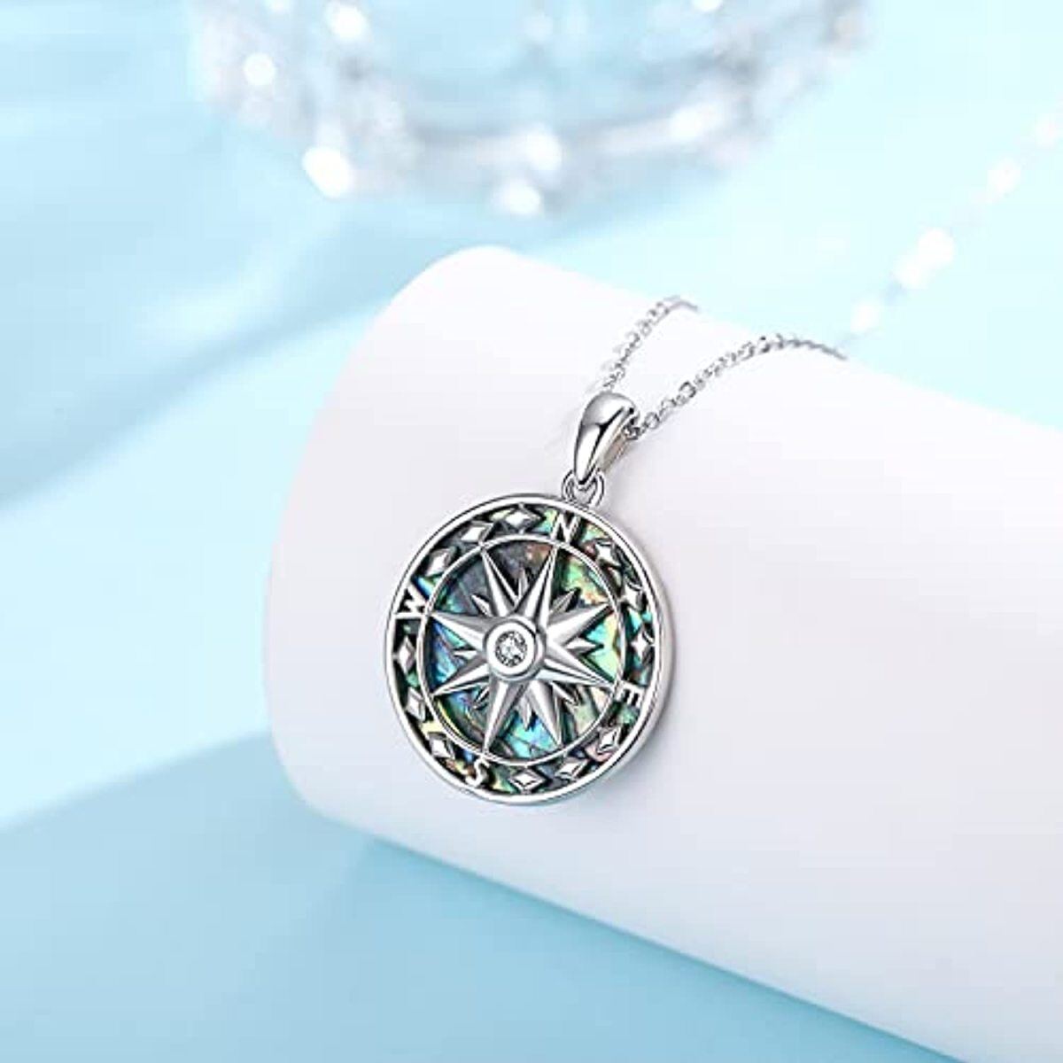 Sterling Silver Abalone Shellfish Compass Pendant Necklace-3