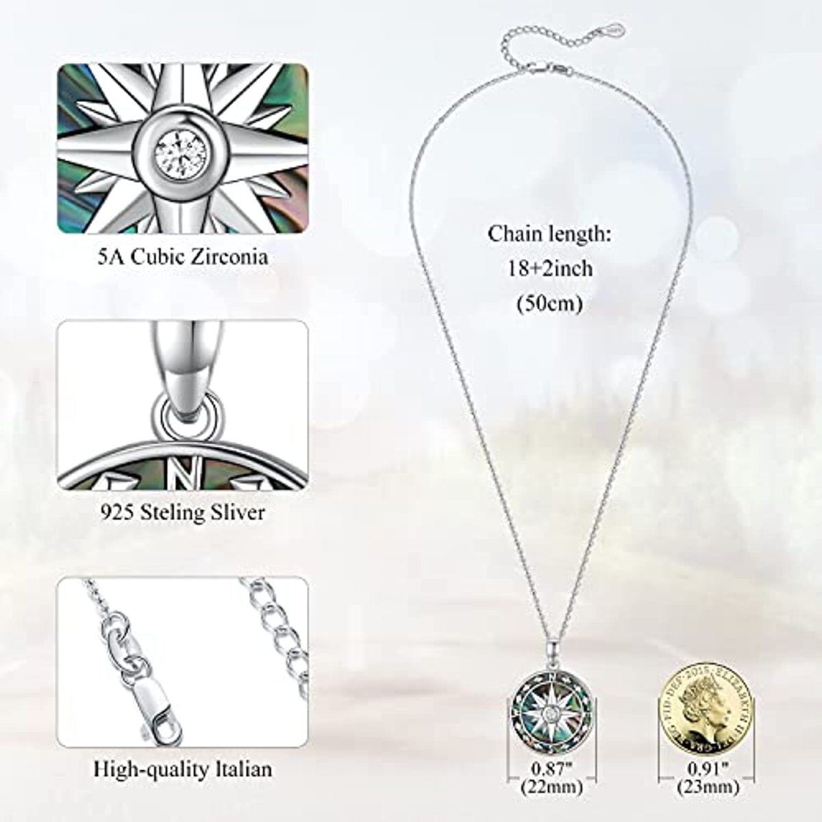 Sterling Silver Abalone Shellfish Compass Pendant Necklace-5