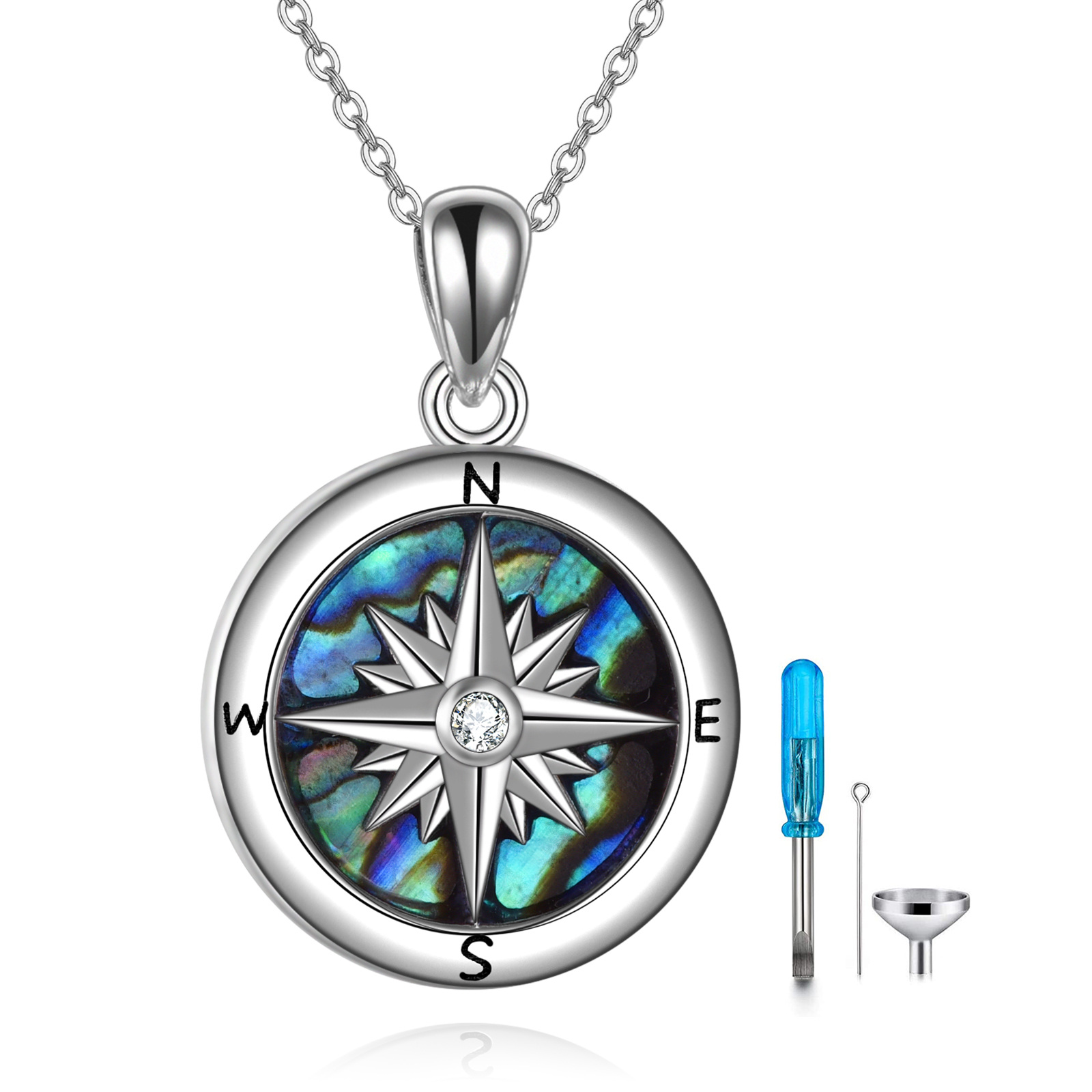 Image of Sterling Silver Abalone Shellfish & Cubic Zirconia Compass Urn Necklace for Ashes