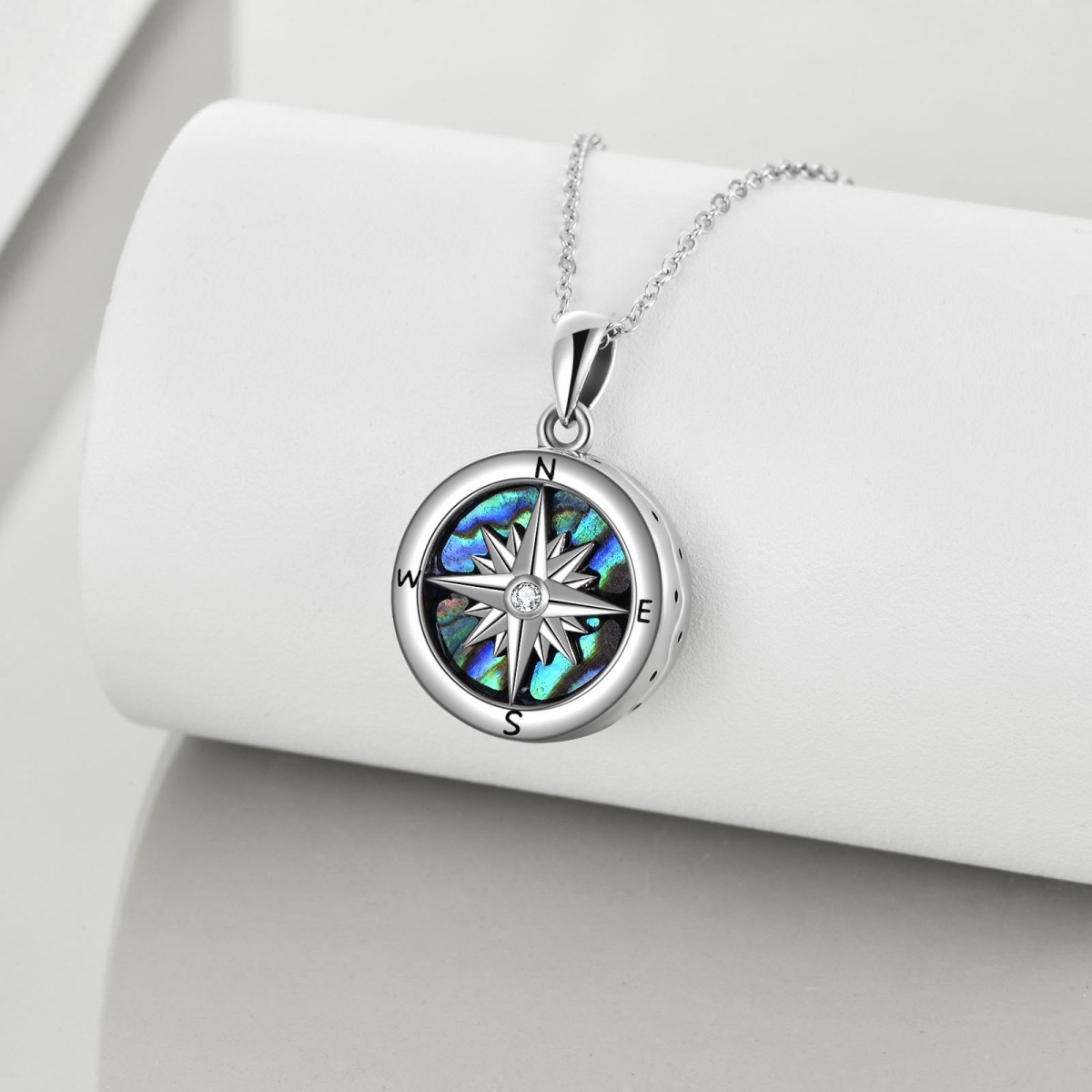 Sterling Silver Abalone Shellfish & Cubic Zirconia Compass Urn Necklace for Ashes-3