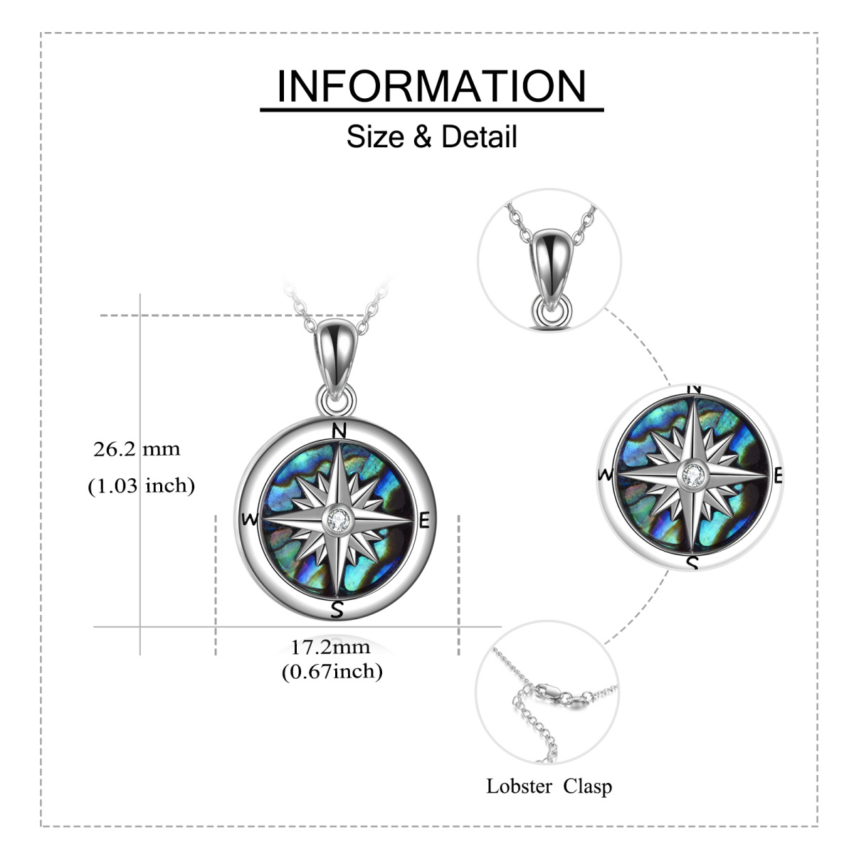 Sterling Silver Abalone Shellfish & Cubic Zirconia Compass Urn Necklace for Ashes-5