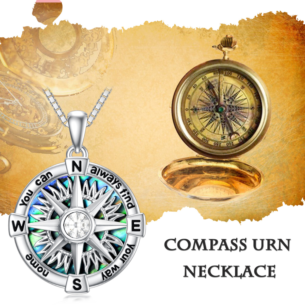 Sterling Silver Abalone Shellfish Compass Urn Necklace for Ashes-6