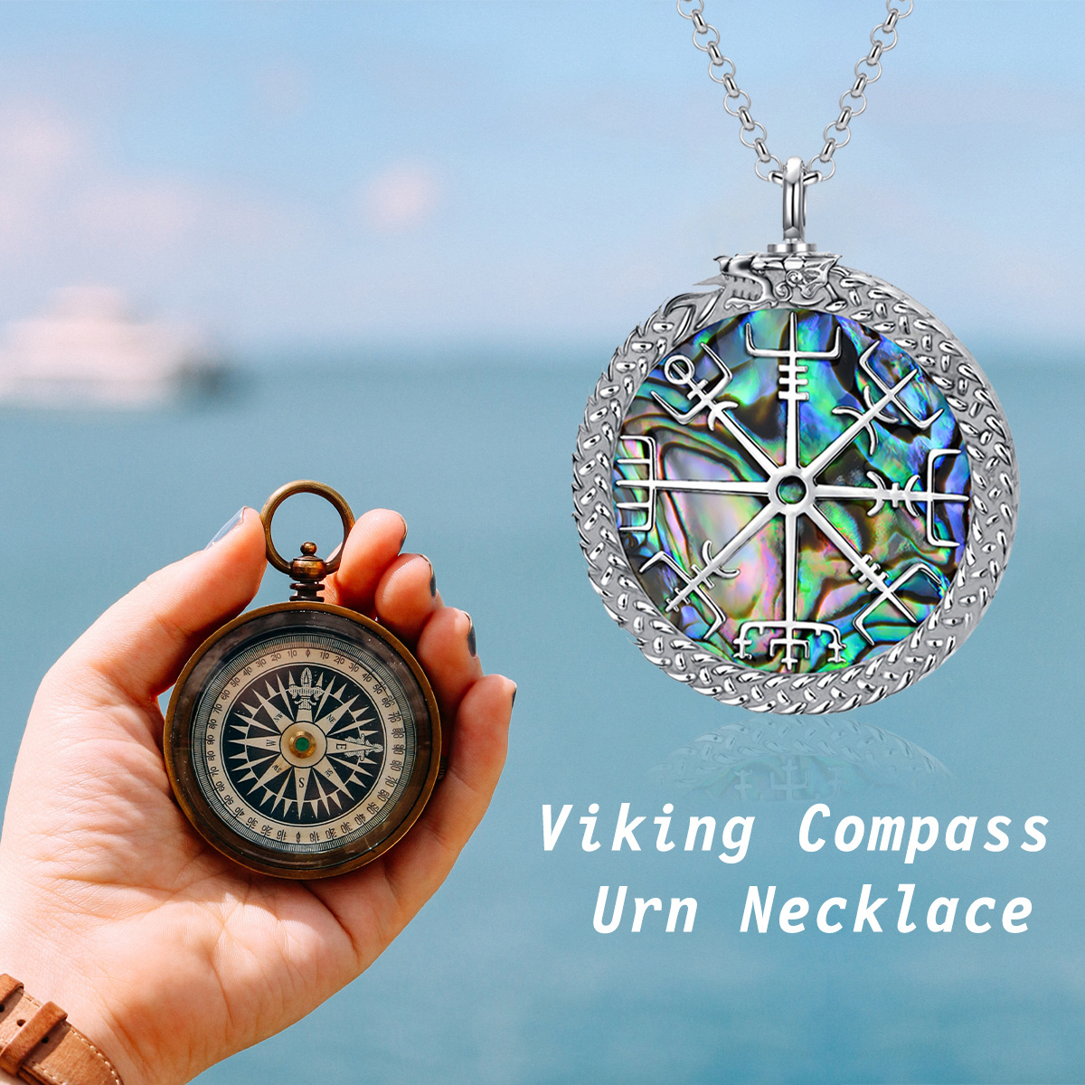 Sterling zilveren Abalone schelpdieren kompas & Viking Runen Urn ketting voor as-6