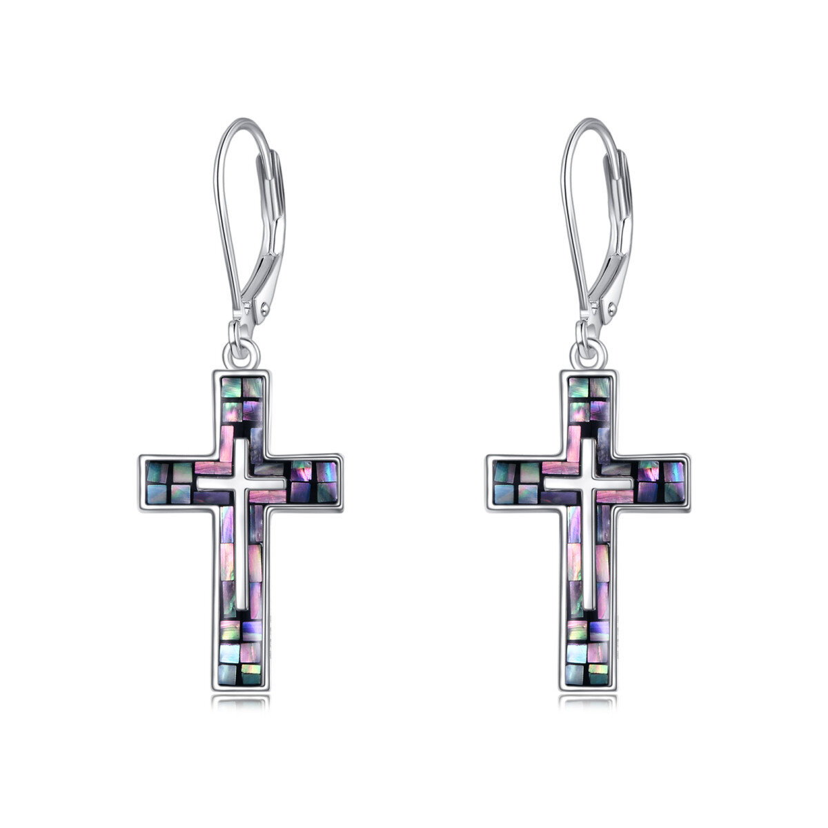 Sterling Silver Abalone Shellfish Cross Lever-back Earrings for Women-1