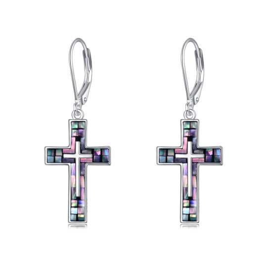 Sterling Silver Abalone Shellfish Cross Lever-back Earrings for Women