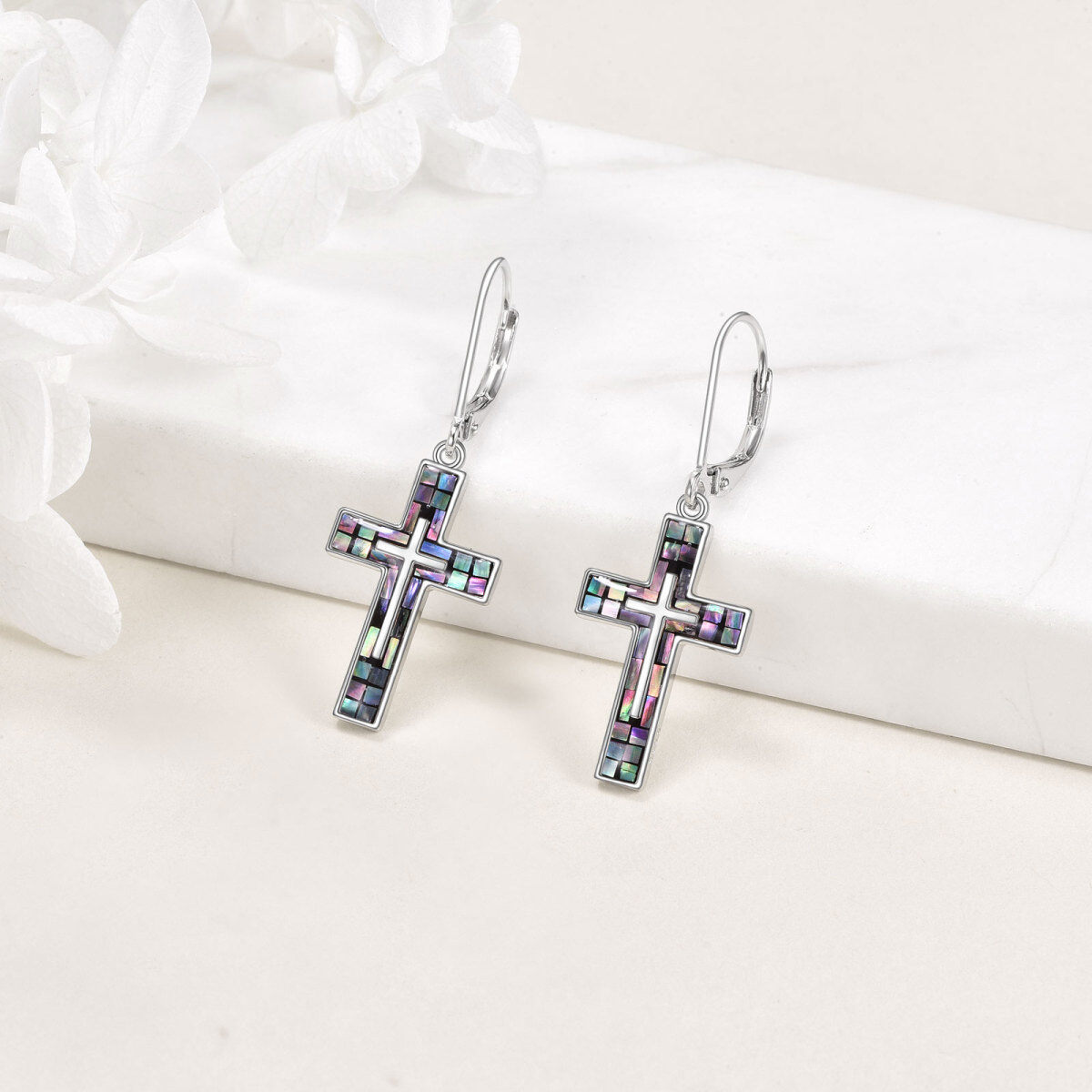 Sterling Silver Abalone Shellfish Cross Lever-back Earrings for Women-3