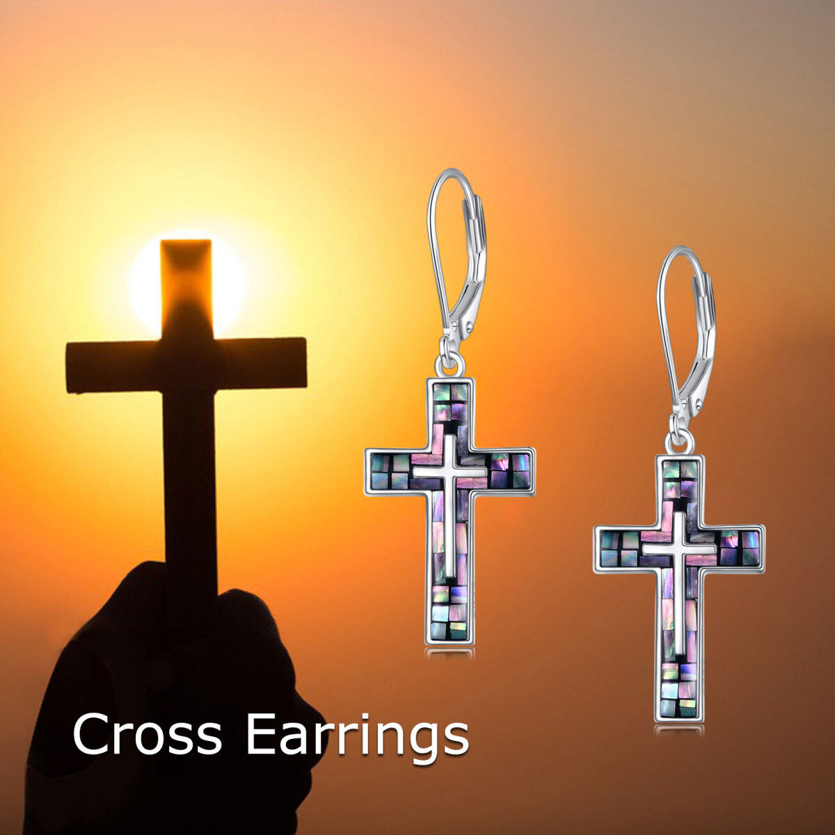 Sterling Silver Abalone Shellfish Cross Lever-back Earrings for Women-6