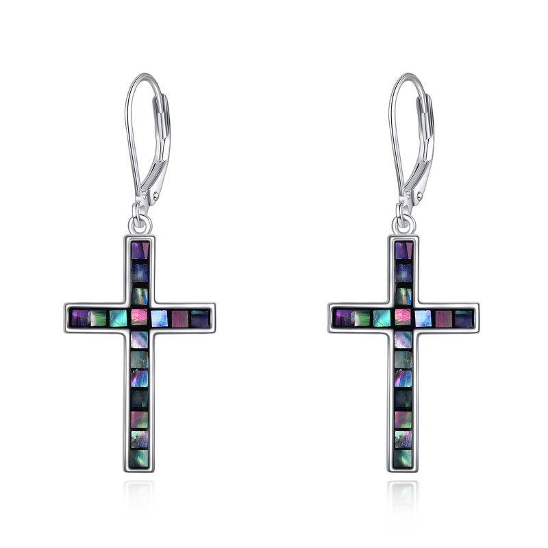 Boucles d'oreilles en argent sterling Abalone Shellfish Cross Lever-back Earrings-1