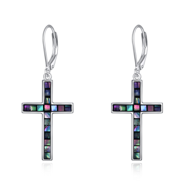 Pendientes de plata de ley Abalone Shellfish Cross Lever-back-1