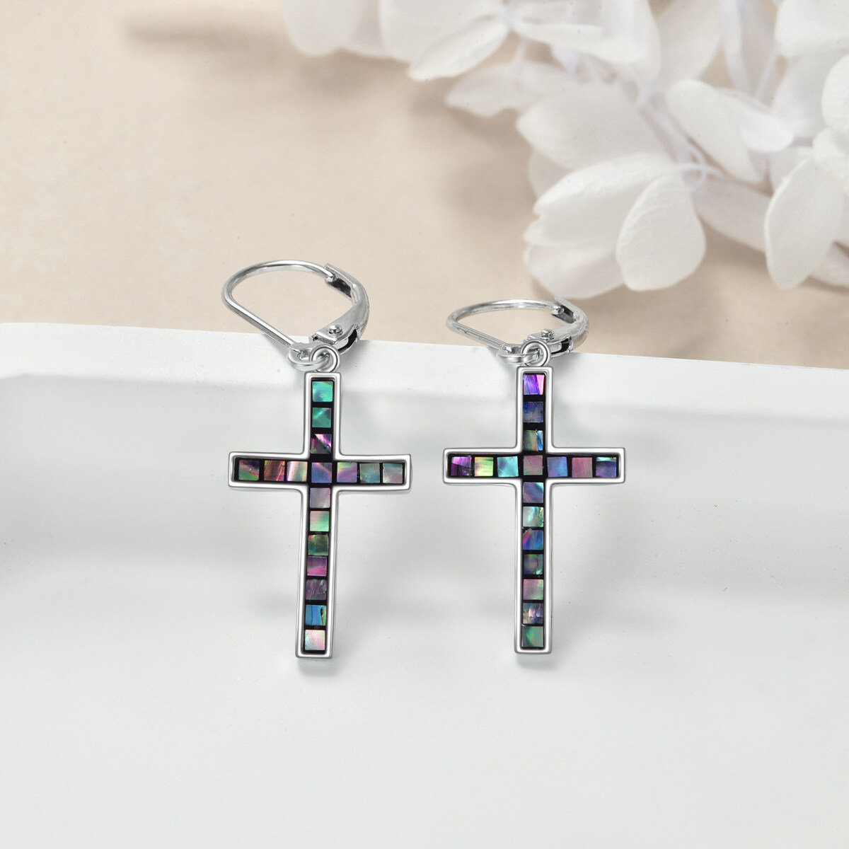 Sterling Silver Abalone Shellfish Cross Lever-back Earrings-3