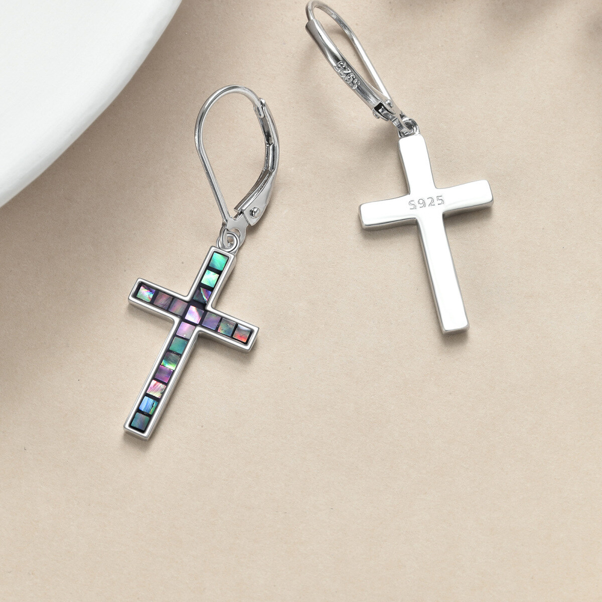 Pendientes de plata de ley Abalone Shellfish Cross Lever-back-4