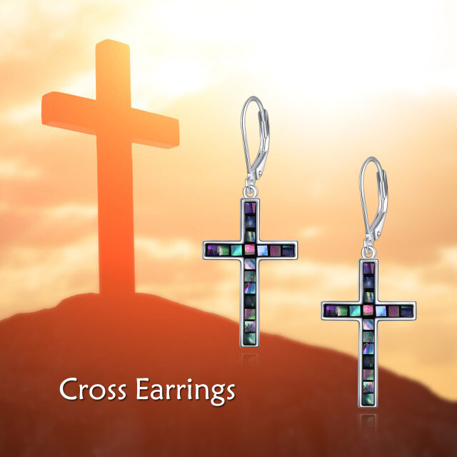 Pendientes de plata de ley Abalone Shellfish Cross Lever-back-6