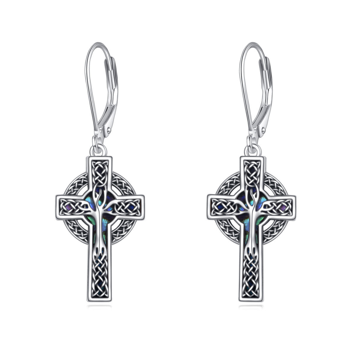 Sterling Silver Abalone Shellfish Cross Lever-back Earrings-1