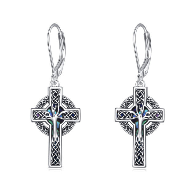 Sterling Silver Abalone Shellfish Cross Lever-back Earrings-1