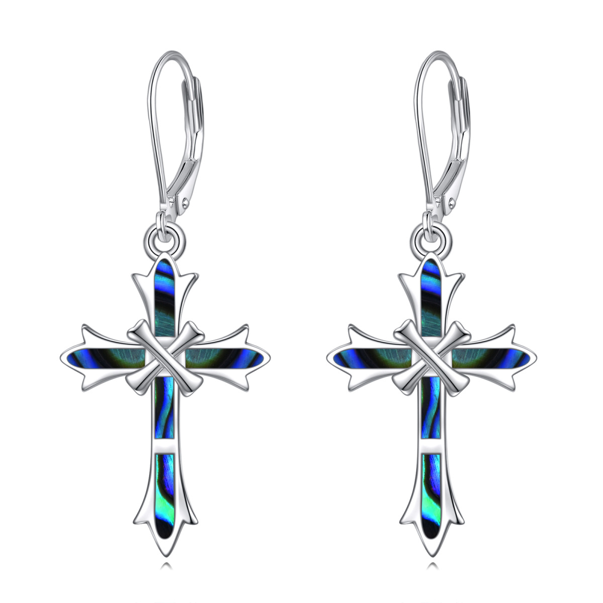 Boucles d'oreilles en argent sterling Abalone Shellfish Cross Lever-back Earrings-1