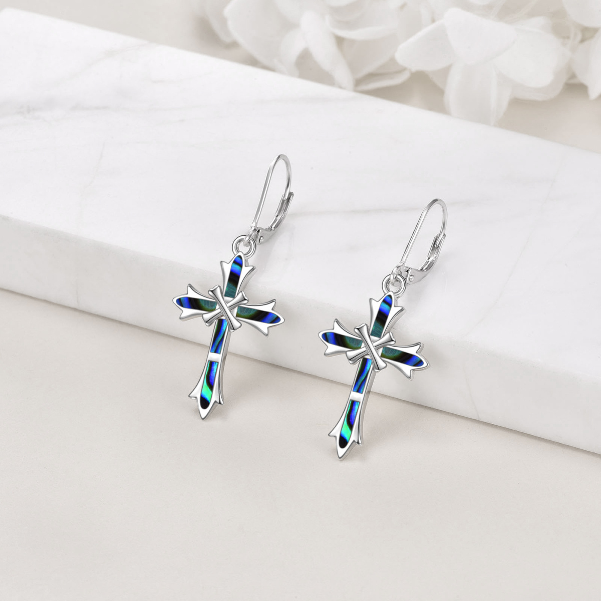 Sterling Silver Abalone Shellfish Cross Lever-back Earrings-3