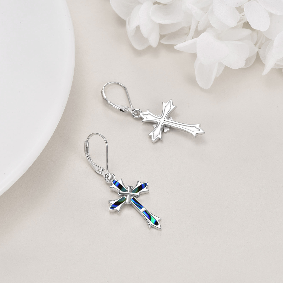 Boucles d'oreilles en argent sterling Abalone Shellfish Cross Lever-back Earrings-4