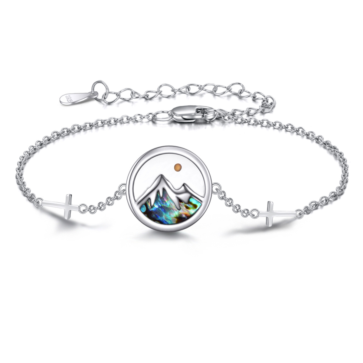 Sterling Silver Abalone Shellfish Cross & Mountains Charm Bracelet with Engraved Word-1