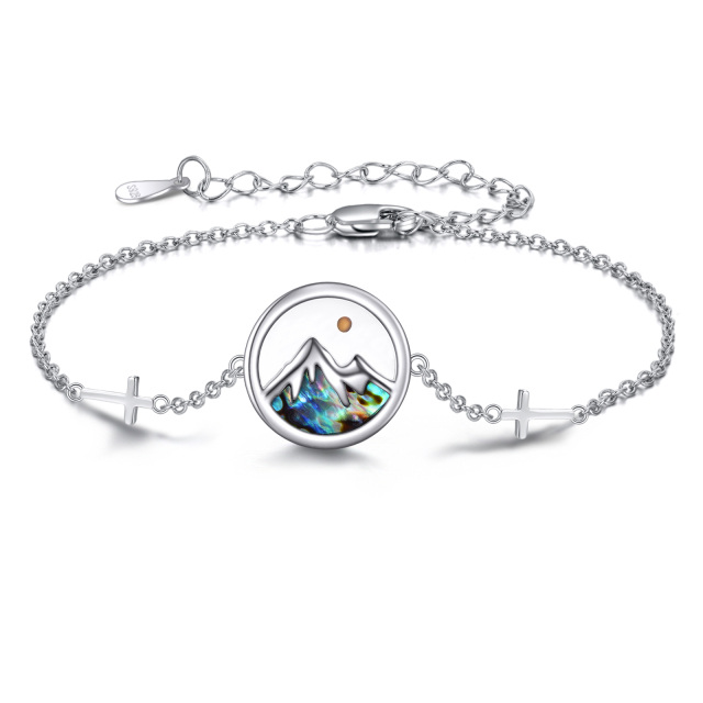 Sterling Silver Abalone Shellfish Cross & Mountains Pendant Bracelet with Engraved Word-3