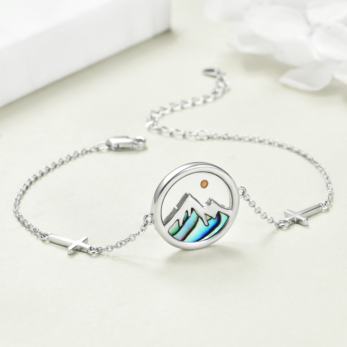 Sterling Silver Abalone Shellfish Cross & Mountains Charm Bracelet with Engraved Word-4