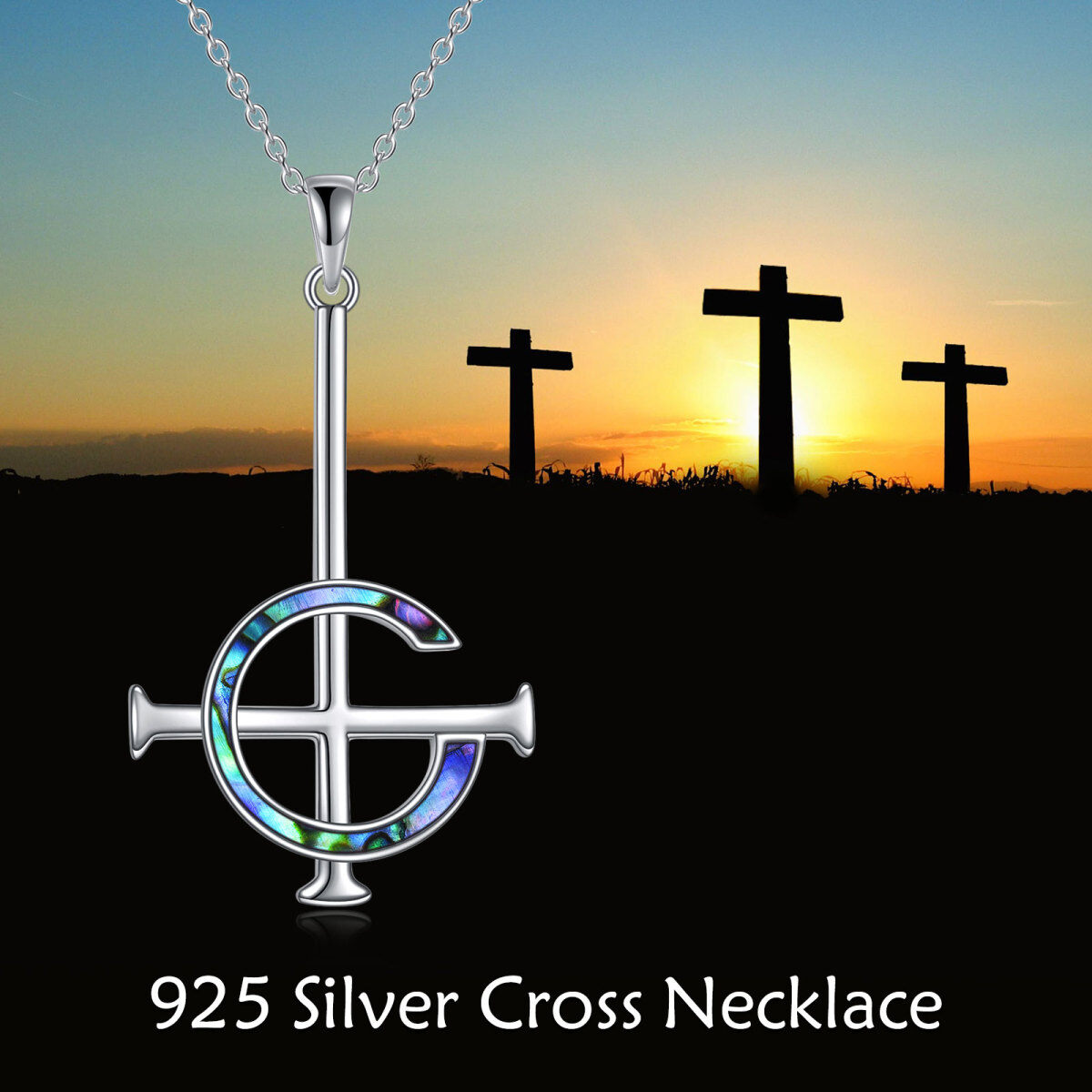 Sterling Silver Abalone Shellfish Cross Pendant Necklace with Initial Letter C-5