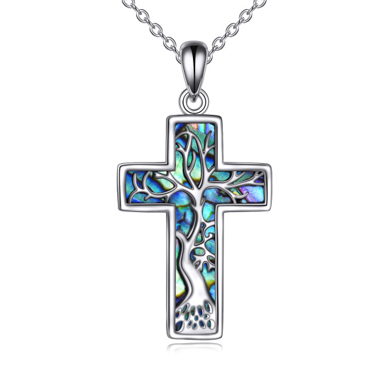 Sterling Silver Abalone Shellfish Cross Pendant Necklace