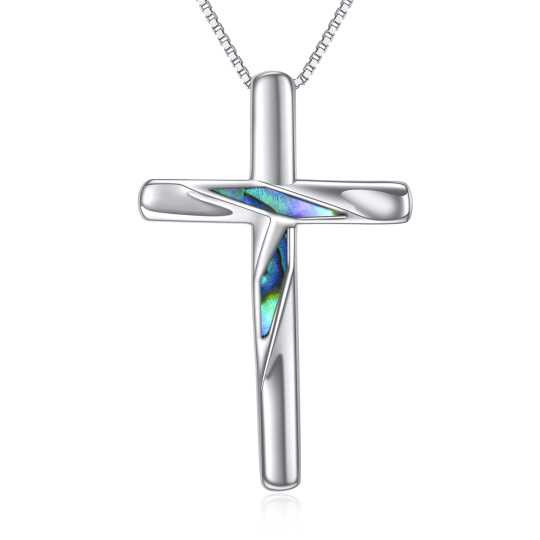 Sterling Silver Abalone Shellfish Cross Pendant Necklace