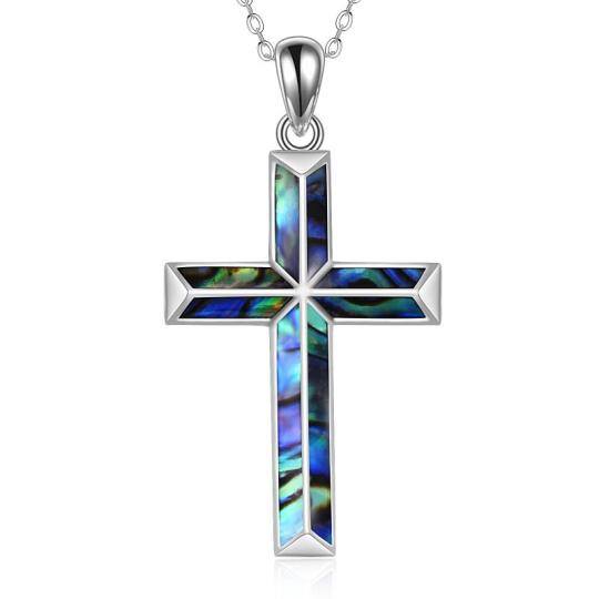 Sterling Silver Abalone Shellfish Cross Pendant Necklace