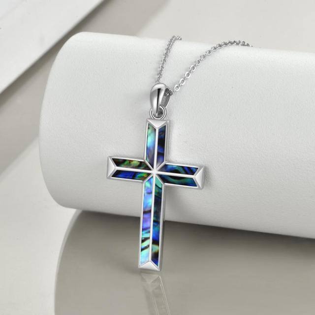 Sterling Silver Abalone Shellfish Cross Pendant Necklace-3