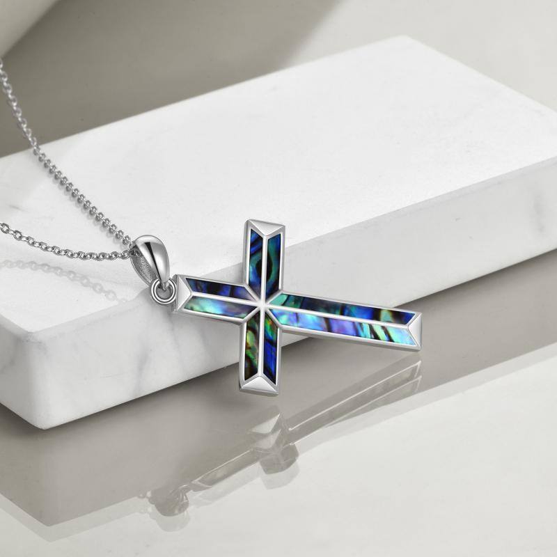 Sterling Silver Abalone Shellfish Cross Pendant Necklace-4