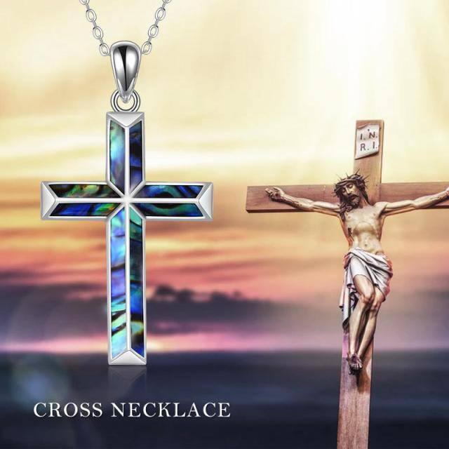 Sterling Silver Abalone Shellfish Cross Pendant Necklace-6