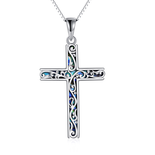 Sterling Silver Abalone Shellfish Cross Pendant Necklace