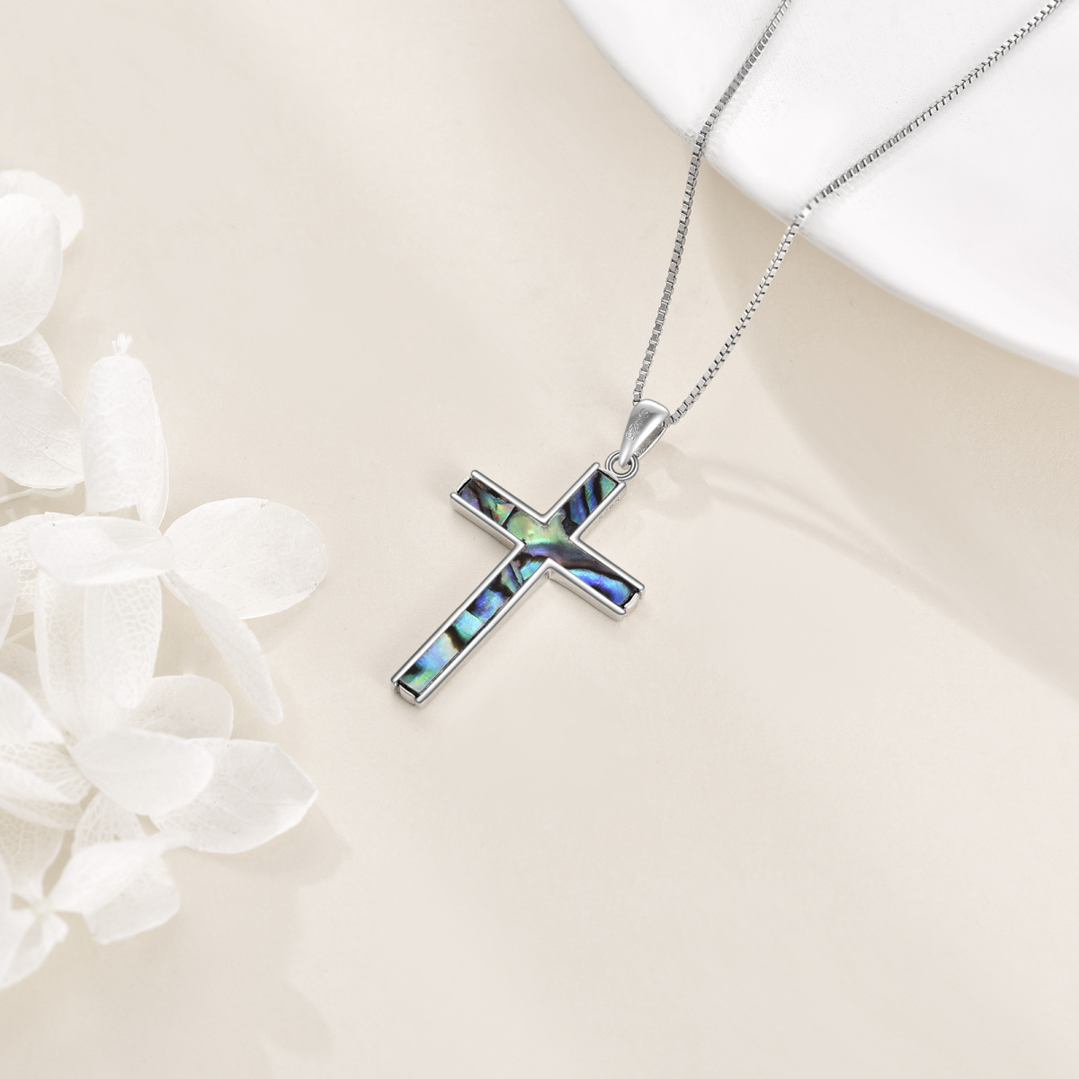 Sterling Silver Abalone Shellfish Cross Pendant Necklace-4