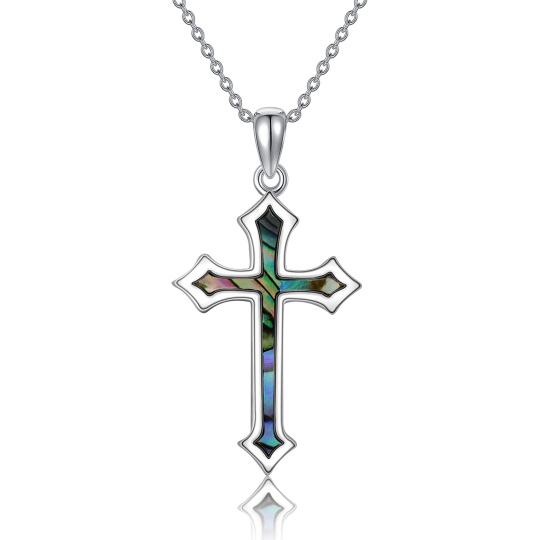 Sterling Silver Abalone Shellfish Cross Pendant Necklace