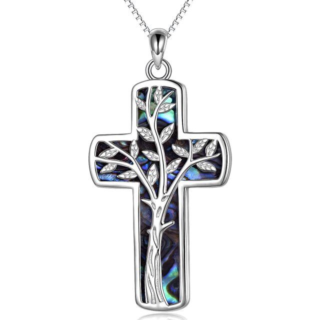 Sterling Silver Abalone Shellfish Cross Pendant Necklace