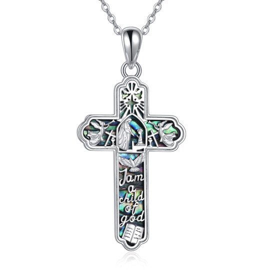 Collana con ciondolo a croce in argento sterling con crostaceo abalone e parola incisa