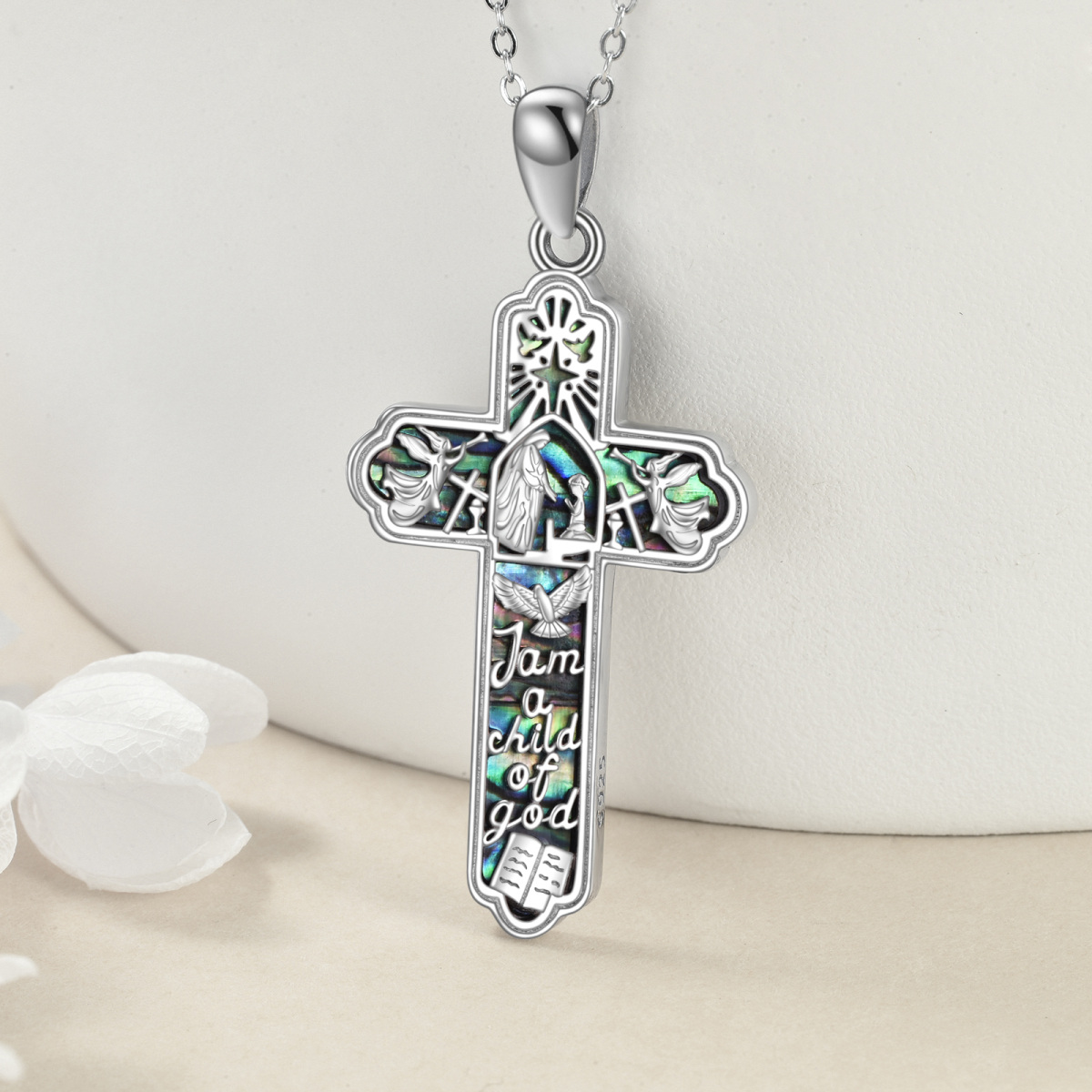 Sterling Silver Abalone Shellfish Cross Pendant Necklace with Engraved Word-3