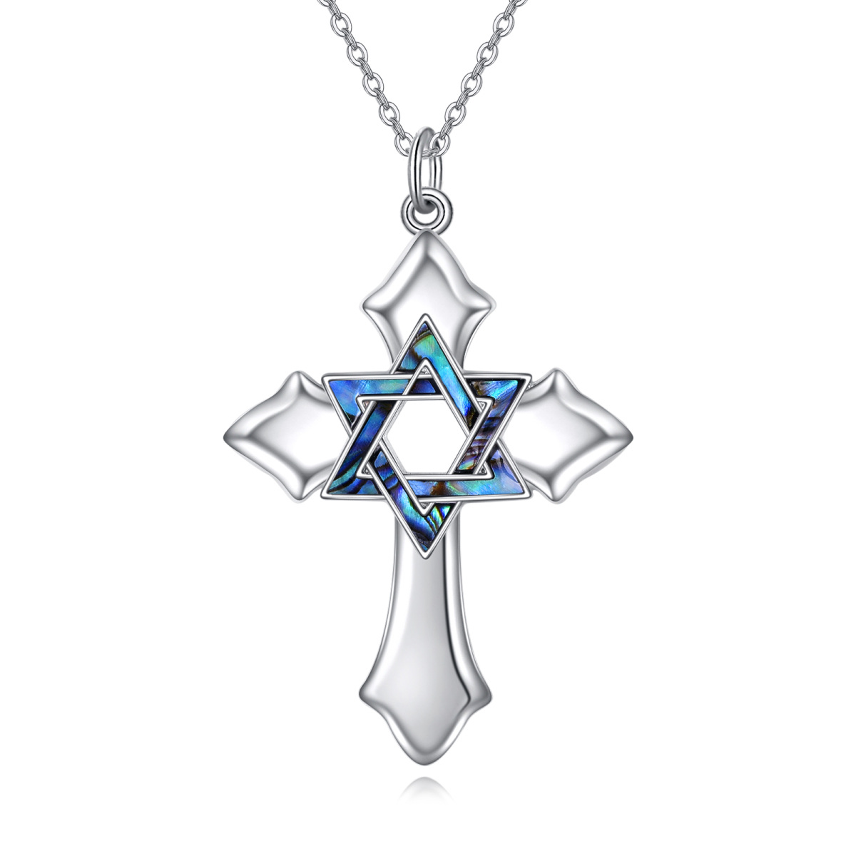 Sterling Silver Abalone Shellfish Cross & Star Pendant Necklace-1