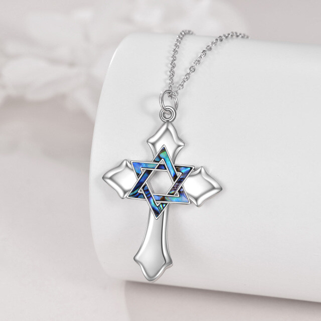 Sterling Silver Abalone Shellfish Cross & Star Pendant Necklace-3