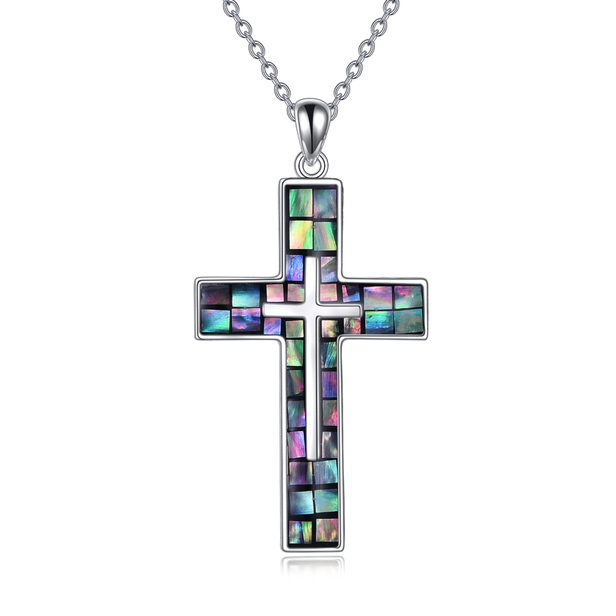 Sterling Silver Abalone Shellfish Double Cross Pendant Necklace-1