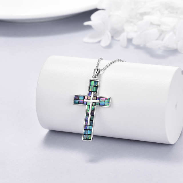 Sterling Silver Abalone Shellfish Double Cross Pendant Necklace-3