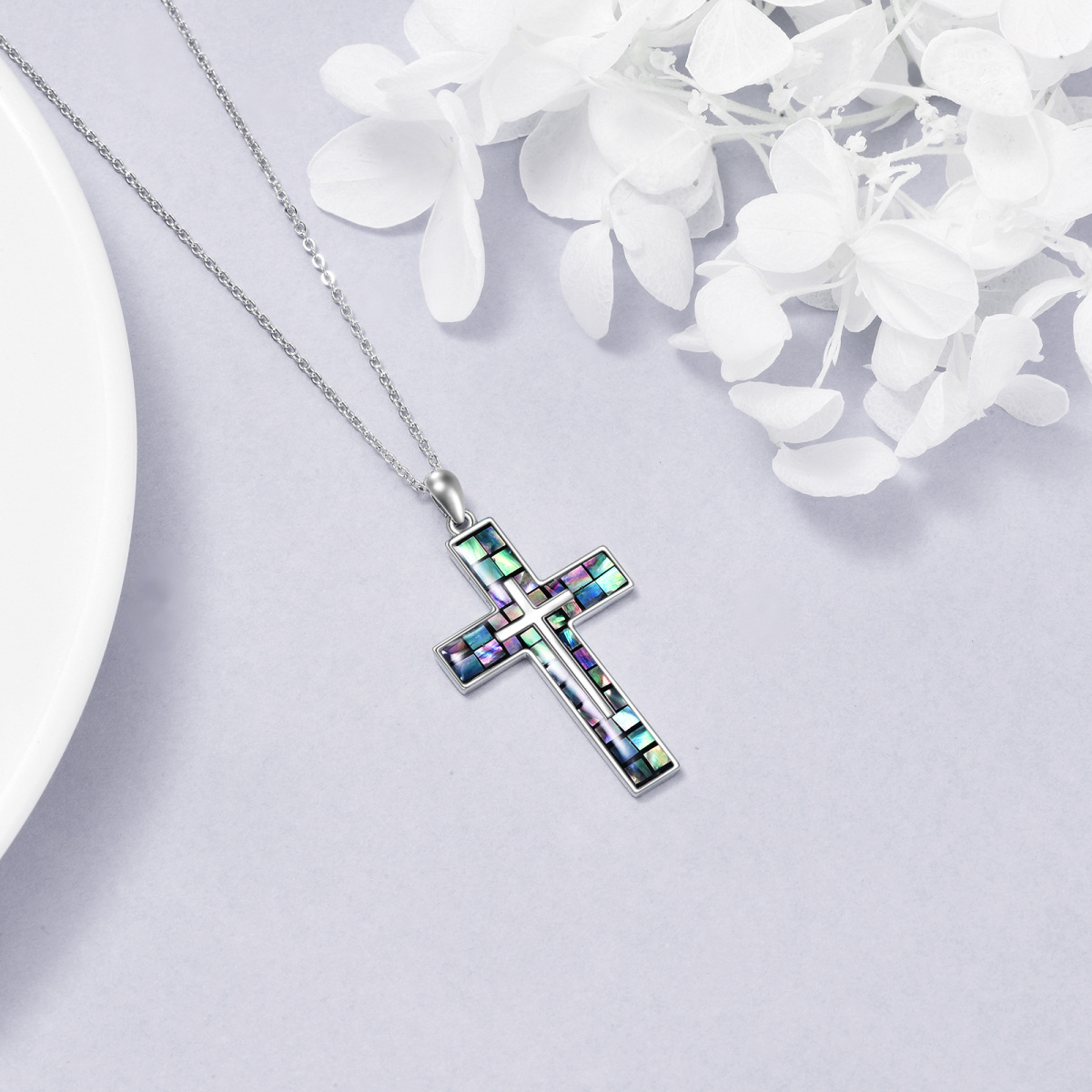 Sterling Silver Abalone Shellfish Double Cross Pendant Necklace-4